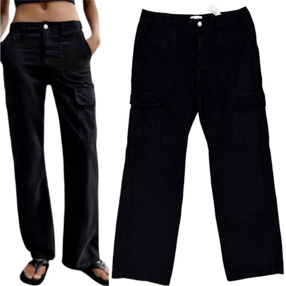 ZARA black pants Womens Size 0 High Rise Straight Leg Cargo Pocket Pants Baggy - Picture 9 of 9